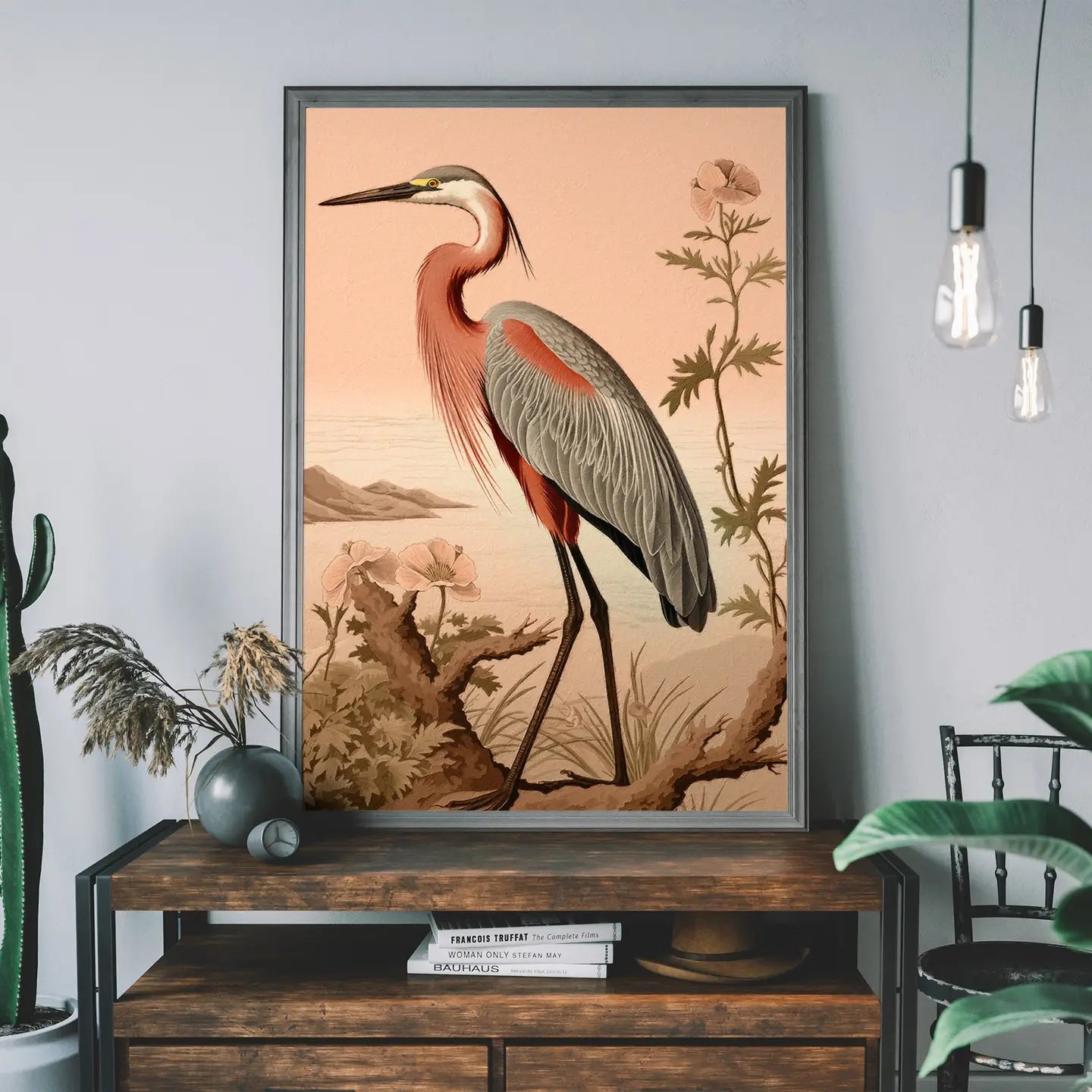 Vintage Heron Illustration Peach Print in Black Frame