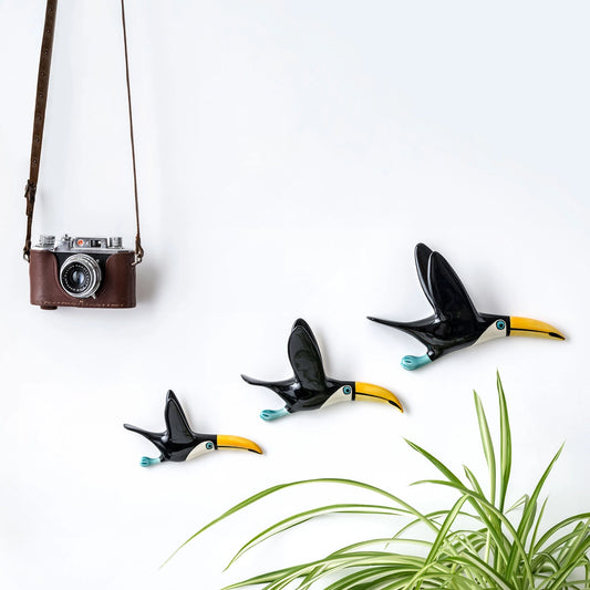 Wall-Mounted Handmade Ceramic Flying Toucan Trio by Hannah Turner