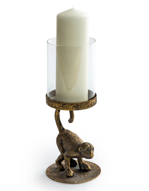 ANTIQUED GOLD CROUCHING MONKEY CANDLE HOLDER WITH GLASS COVER