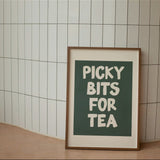 Picky Bits For Tea | Hunter Green & Cream   Poster Size  A3 Framed in black frame