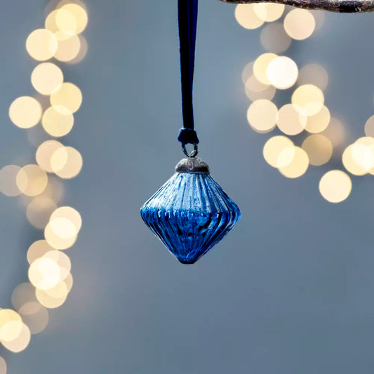 Ribbed Lantern Decoration Blue With Velvet Loop