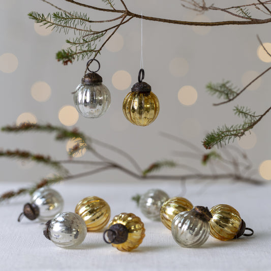 Mini Ribbed Baubles Antique Silver & Gold - Set of 10