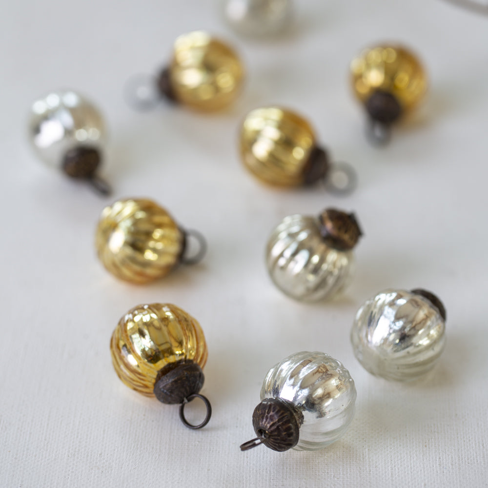 Mini Ribbed Baubles Antique Silver & Gold - Set of 10