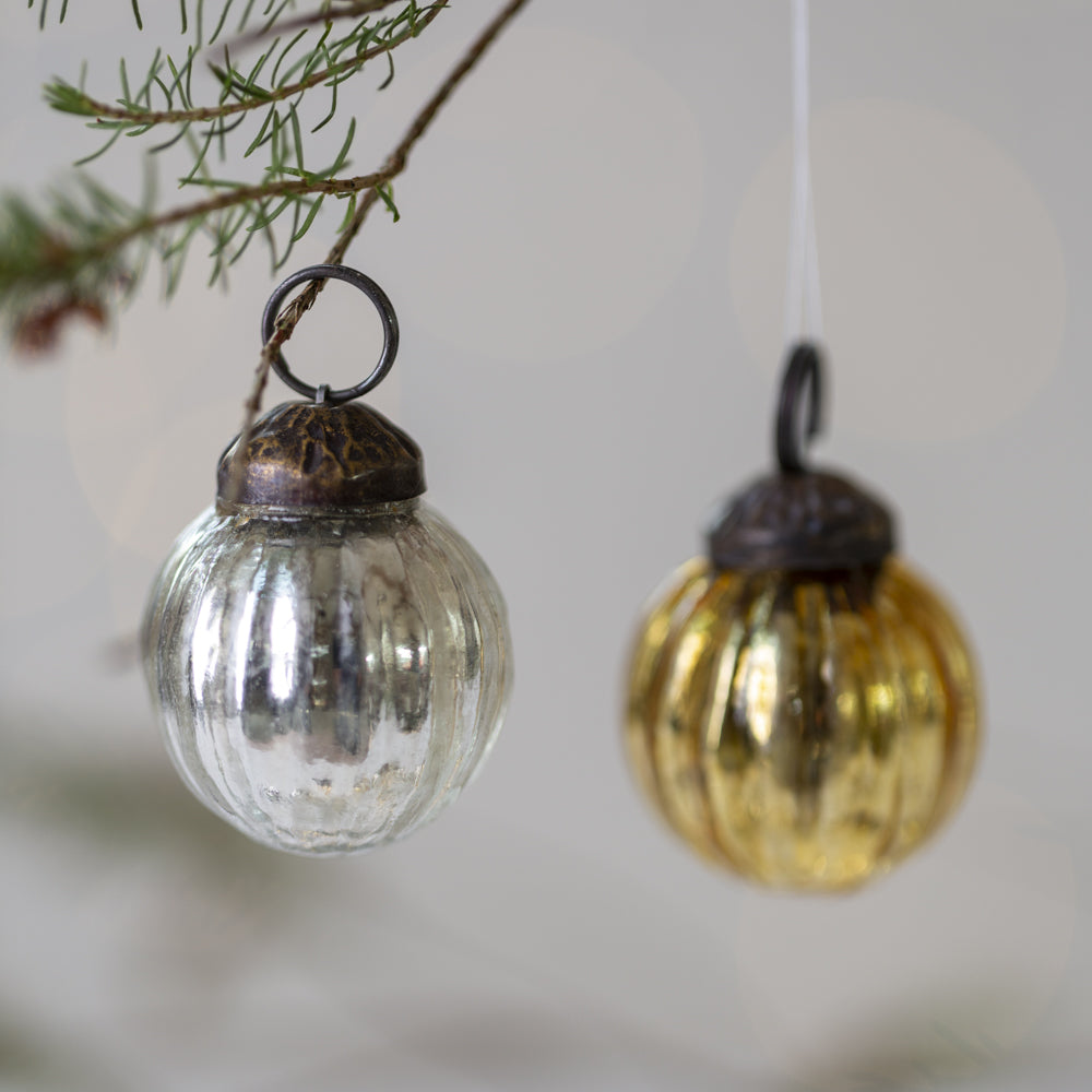 Mini Ribbed Baubles Antique Silver & Gold - Set of 10