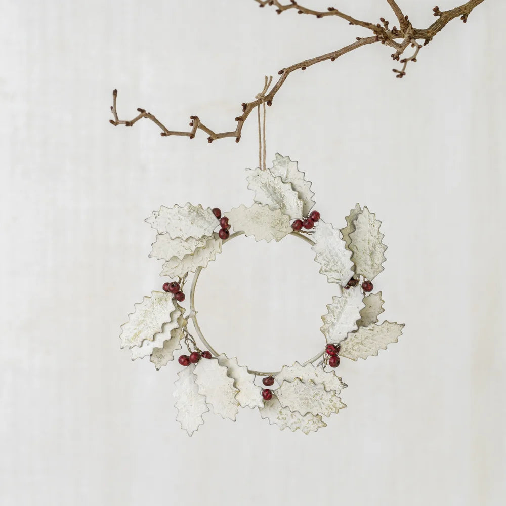 White Holly Wreath with Red Berries