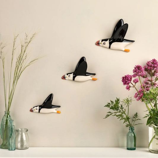 Wall-Mounted Handmade CeramicFlying Puffin Trio by Hannah Turner