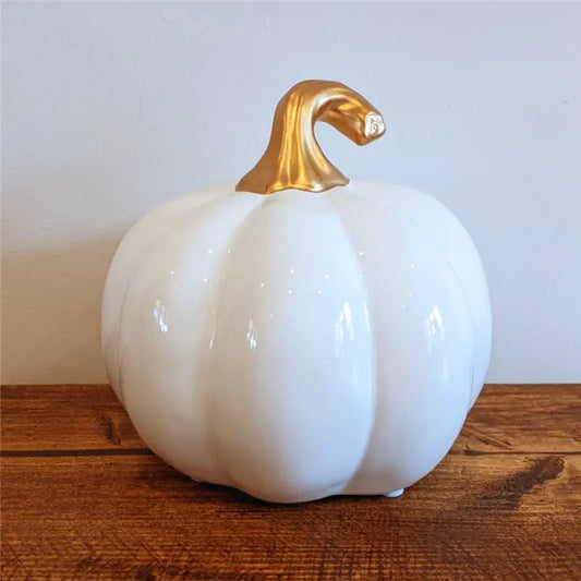 Large Ceramic Pumpkin with Gold Stalk 14cm - White