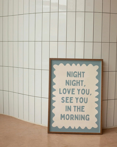 Night Night, Love You | Dusty Blue and Cream | Wall Art Print A3 Black Frame